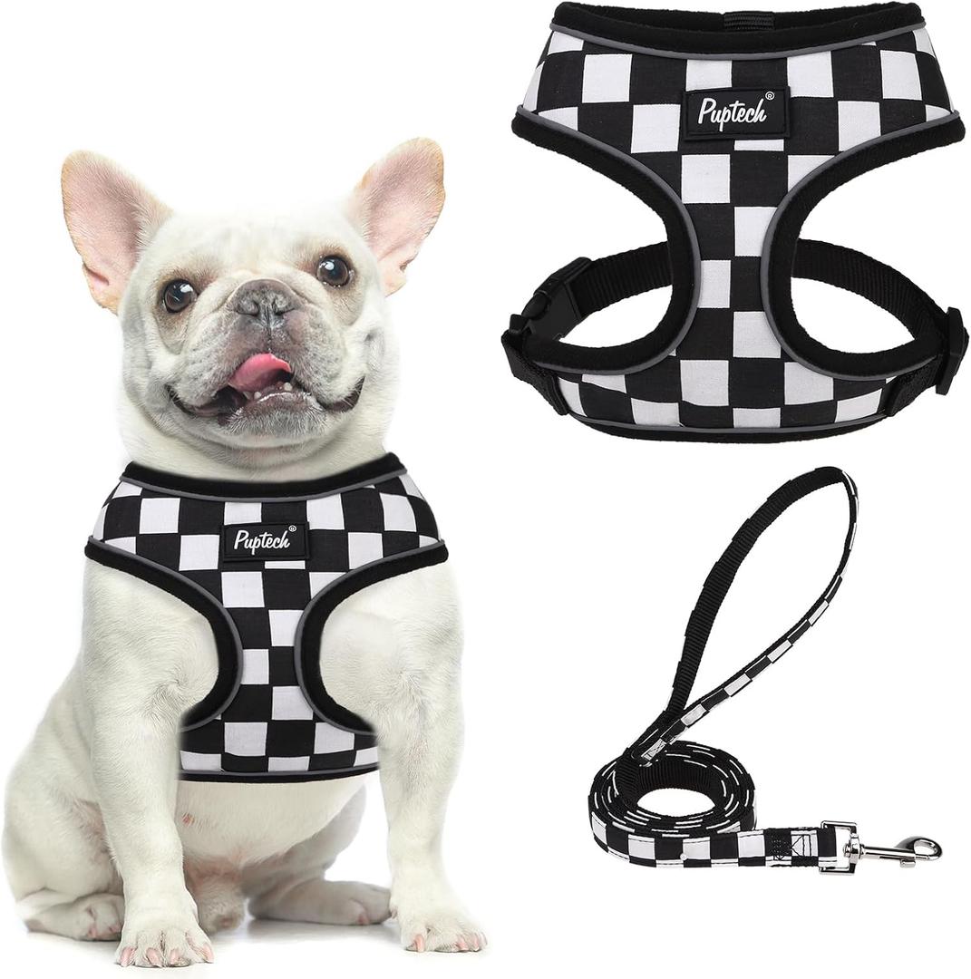 PUPTECK Soft Mesh Dog Harness and Leash Set Pet Puppy Cat Comfort Padded Vest No Pull Harnesses, Checkered Black&White, L