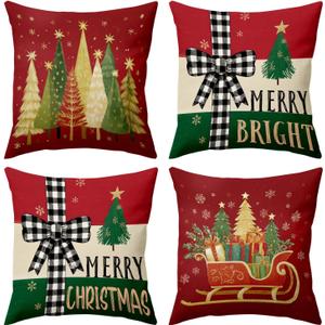 BBOLDIN Farmhouse Christmas Throw Pillow Covers 18x18 Couch Cushion Covers, Rustic Country Xmas Sled Tree Snowflake Decorations for Office Bedroom Sofa, Holiday Red Pillow Cases Winter Decor Set of 4