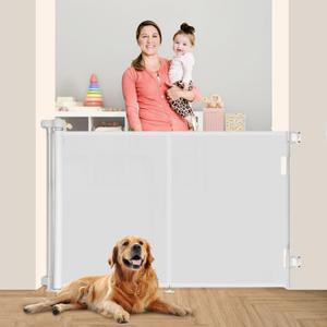 Upgraded 59" Retractable Baby Gates with Reinforced Strip Design to Prevent Crawling Through, 42" Extra Tall Retractable Gates, 5 FT Retractable Dog Gate for Stairs, Doorways, Hallways (White)