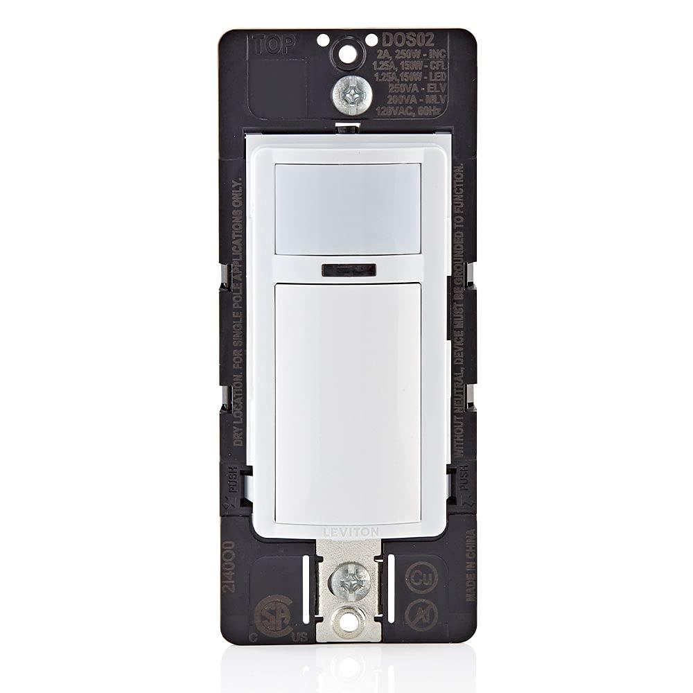 Leviton Motion Sensor Light Switch, Motion Activated, Auto-On/Auto-Off or Manual-On, 2A, No Neutral Wire Required, Single Pole, DOS02-LW, White