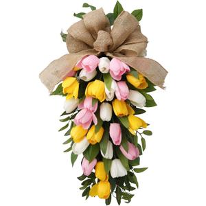 26" Artificial Tulips Teardrop Swag with Burlap Bow, Handmade Spring Easter Teardrop Wreath for Front Door & Porch Wall, Spring Easter Decor Decorative Swag