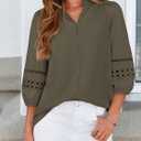 BTFBM Summer Tops for Women 2026 Eyelet Top 3/4 Length Sleeve Dressy Casual Blouses Spring Boho Button Down Shirts (Green, L)