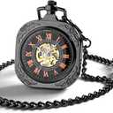 VIGOROSO Vintage Pocket Watch with Chain Mechanical Pocket Watches for Men | Classic steampunk skeleton pocket watches, Open face hand wind up analog pocketwatch with Roman No. dial, Gifts for women men