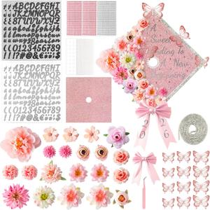 WATINC Graduation Cap Decorations Kit - DIY for Class of 2026 Grad Cap Hairband with 3D Butterfly Flowers Bow Rhinestones Pearl Letter Stickers, Hat Topper Crafts for School (Rhinestone Rose Gold)