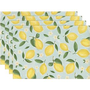 Artoid Mode Blue Lemon Flower Floral Summer Placemats Set of 4,12x18 Inch Seasonal Spring Table Mats for Party Kitchen Dining Decoration