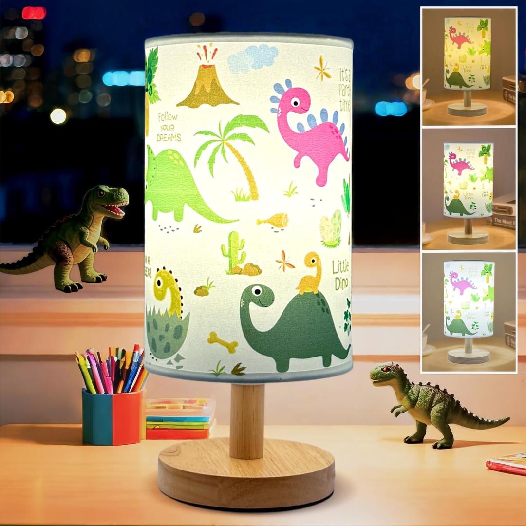 Dinosaur Lamp, Dinosaur Room Decor for Kids Bedroom, 3 Color Dimmable Reading Bedside/Desk Nightlight with Linen Shade and Wood Base for Bedroom Living Room, Practical Gifts for Dino Fans Boys