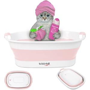 Collapsible Pet Bathtub with Water Drain Plug, Small Pets Portable Bath Tub for Puppy Small Dogs Cats, Portable & Space Saving Design, Pink