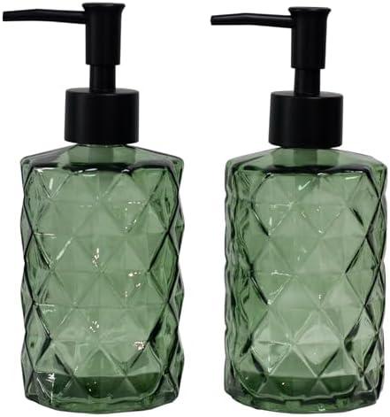 Green Glass Soap Dispenser with Black Plastic Pump, 12oz Refillable Liquid Hand Soap Dispenser, Crystal Lotion Bottle for Modern Home Decor, Bathroom, Kitchen Countertop, Hotel