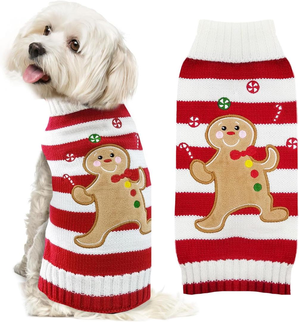 Dog Christmas Sweater Xmas Pet Clothes Cute Striped Gingerbread Man Costume Holiday Puppy Cat Jumpers Outfits New Year Gifts for Small Medium Large Dogs (Red Gingerbread Man, S)