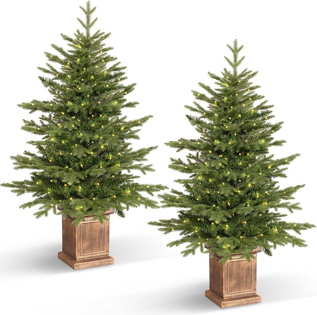 Jin&Bao 4FT Potted Christmas Tree with 100 Lights, 2 Pack Artificial Xmass Tree Timer Function with Real-Like Tips & Round Branches, 3AA Battery Operated Christmas Decorations for Outdoor, Porch (Classic Green)
