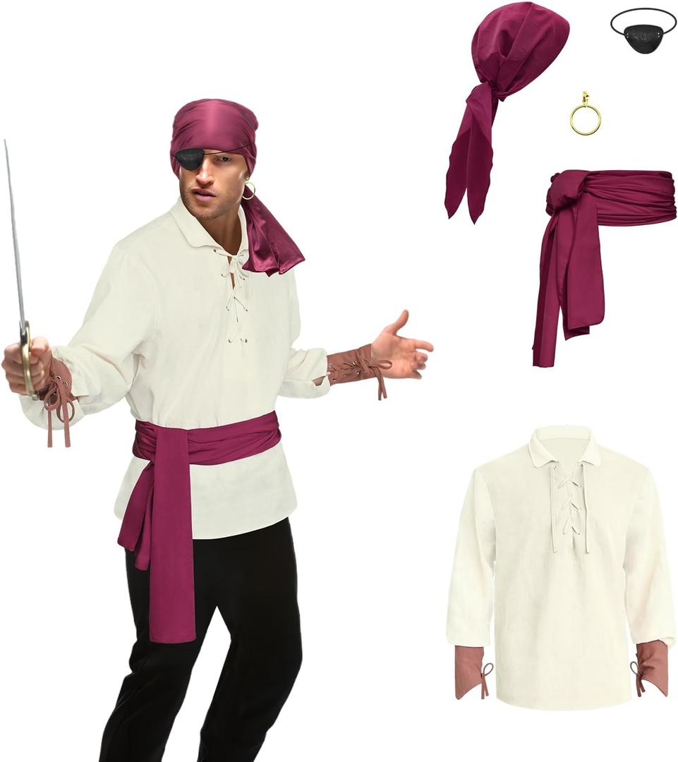 5Pcs Mens Pirate Costume Set, Renaissance Pirate Shirt, Victorian Gothic Shirt Medieval Viking Costume Cosplay (Small, Beige)