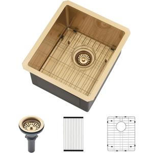 13 Inch Gold Bar Sink Undermount-VASOYO 13x15 Inch Undermount Bar Sink Gold Small Rv Kitchen Sinks Outdoor Island Sinks 16 Gauge Stainless Steel Single Bowl Basin with Bottom Grid, 13"x 15"x 10"