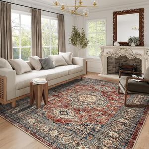 Lahome Oriental Washable Rugs 8x10, Non-Slip Soft 8x10 Rugs for Living Room Bedroom, Stain Resistant Ultra-Thin Vintage Accent Carpet for Dining Room Office Eleanor, Brick Red