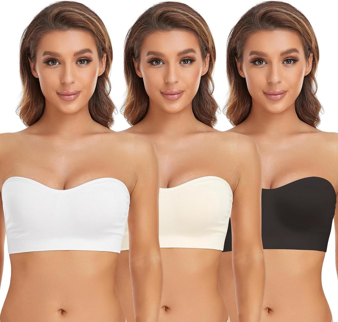Lusait Strapless Bra for Women Non-Slip Silicone Padded Bandeau Bra Wireless Tube Top Bralette (Medium, Black+white+beige)