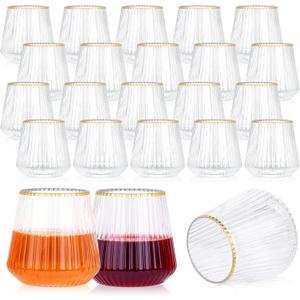 24 Pack Plastic Ribbed Wine Glasses with Gold Rim, 14oz Stemless Disposable Wine Cups, Clear Unbreakable Outdoor Cocktail Glasses, Heavy Duty Reusable Plastic Drinking Cup for Party Wedding Mimosa Bar