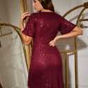 Dressystar Women Sequin Cocktail Prom Dress Semi Formal V Neck Short Sleeve Glitter Sparkly Bodycon Elegant Party Dresses (Red, XL)