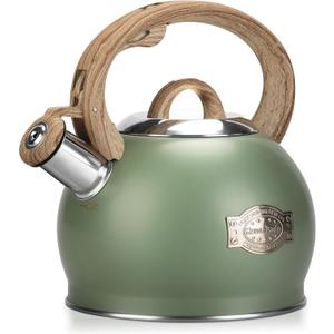 Tea Kettle Stovetop, 2.1 Quart Stove Top Whistling Tea Kettle, Teapot Kettles with Food Grade Stainless Steel and Wood Pattern Folding Handle, Suitable for All Heat Sources (Green)