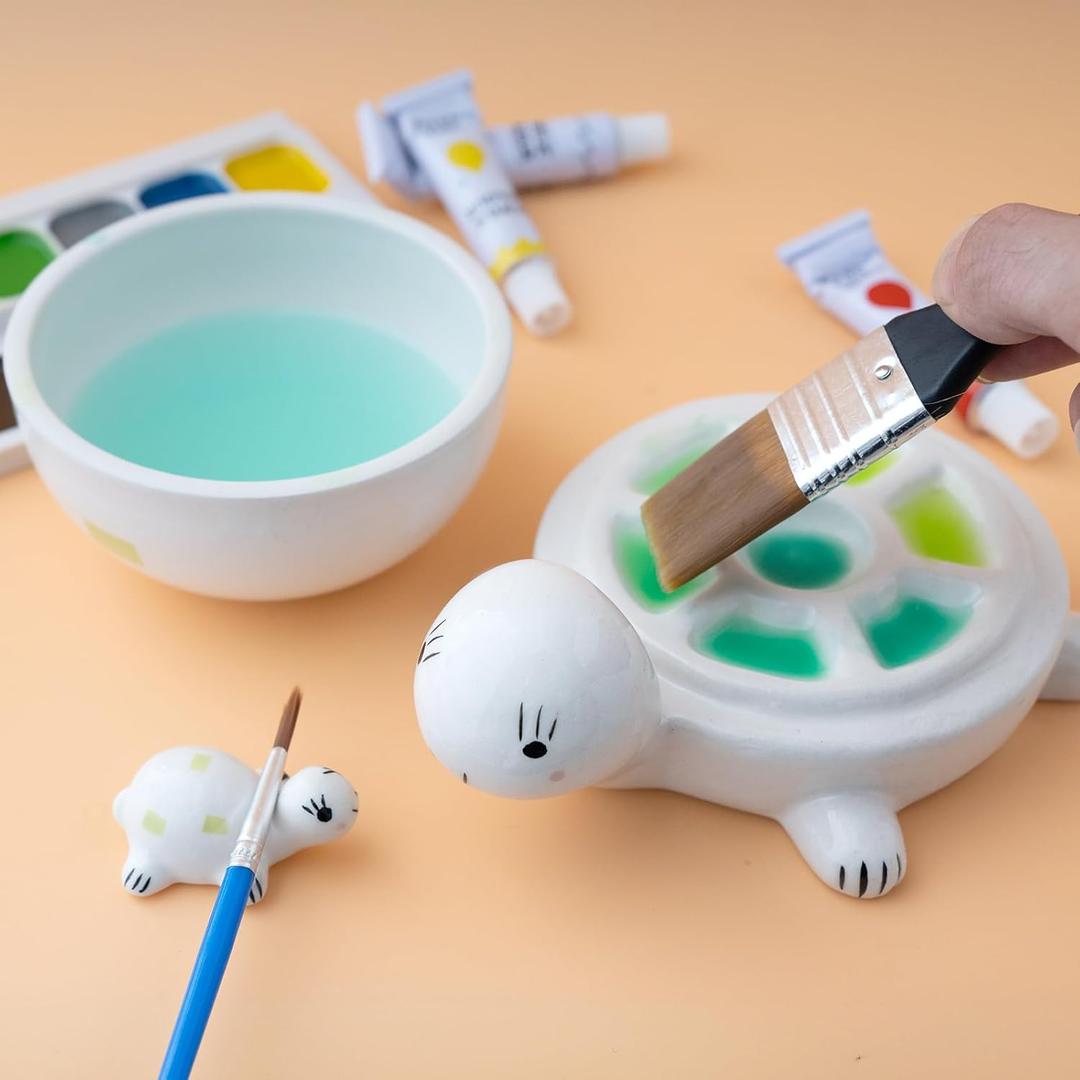 Turtle Design Ceramic Paint Palette with Water Bowl Brush Holder & Reusable Environmental Friendly Tray for Ceramic for Workspace Decor and Outdoor Sketching Gifts for Painting Lovers