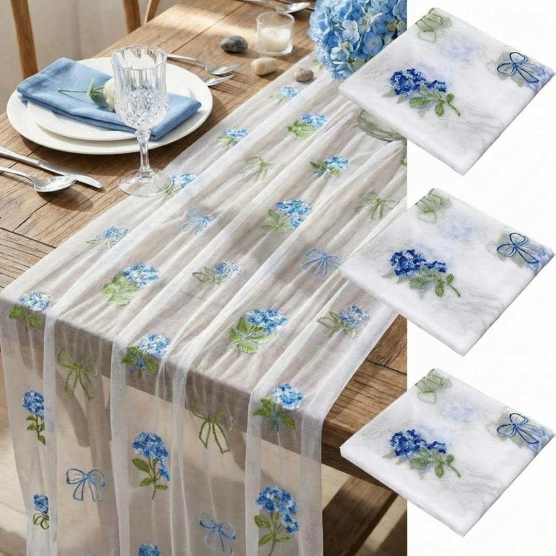 Mindsoft 3 Pcs Hydrangea Floral Table Runner 10ft Gauze Embroidery Blue Hydrangea Decor Flower Spring Summer Tulle Lace Table Runner for Wedding Bridal Baby Shower Holiday Dining Decor DIY, 10ft x 29in