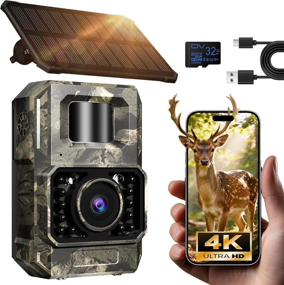 MAXDONE Solar WiFi Trail Camera Bluetooth Game Camera, 4K 64MP Wildlife Cameras 2000mAh Built-in Battery Rechargeable Power Hunting Cameras with Night Vision Trail Cam Bluetooth Wi-Fi Deer Cams (PH960W-1)