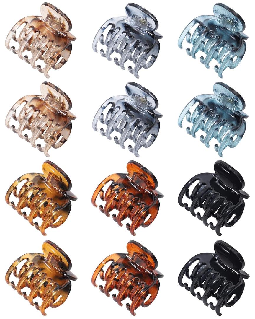 Small Claw Clips for Women 1.6 '' Double Row Teeth Small Hair Clips 12 Pcs Matte Cute Jaw Clips for Hair Claws (Black + Gray + Dark Green + Light Brown + Coffee + Tortoise Shell)