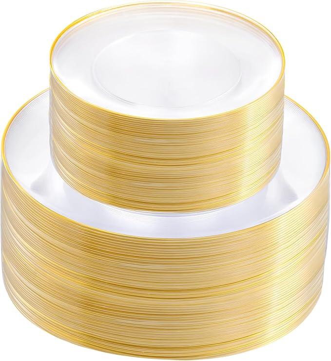 bUCLA 120PCS Clear and Gold Plastic Plates - Clear Disposable With Gold Rim, Ideal for Party & Thanksgiving