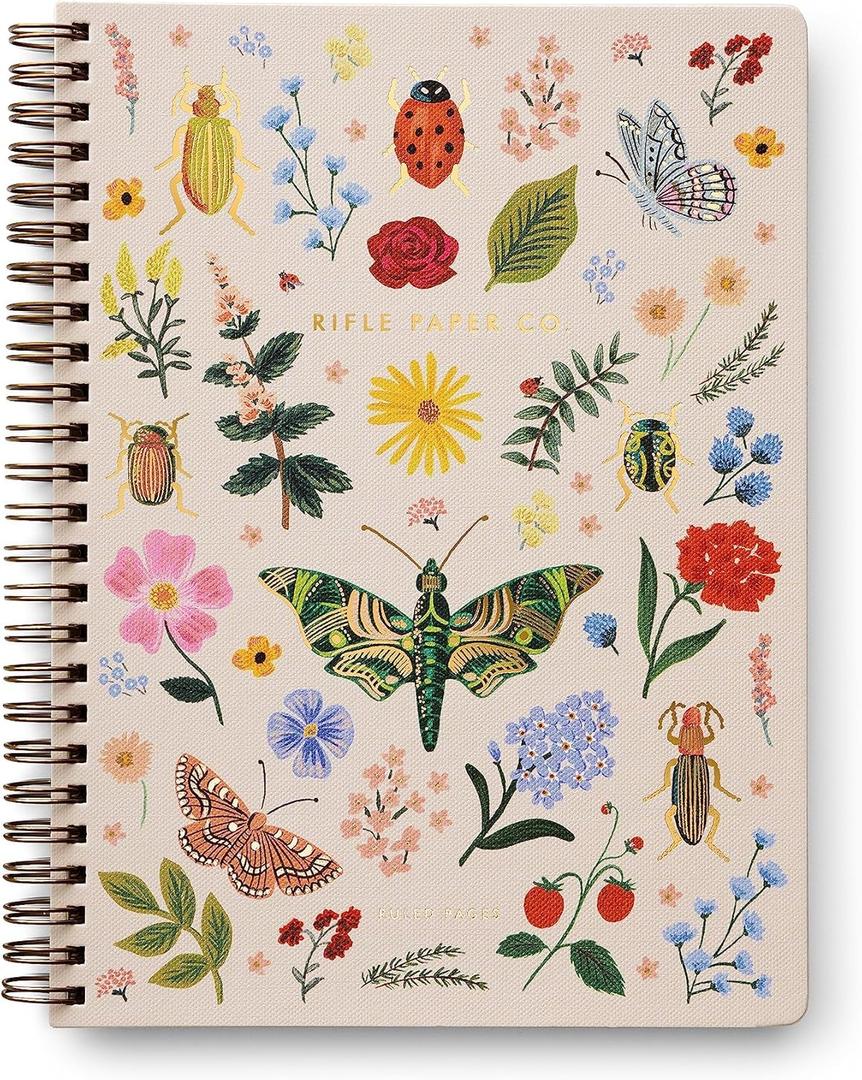 RIFLE PAPER CO. Spiral Notebook | 150 Ruled Pages, Inner Storage Pocket Folders, Double-Spiral Binding, Metallic Gold Foil Accents (8.25" L x 6.25" W), Curio