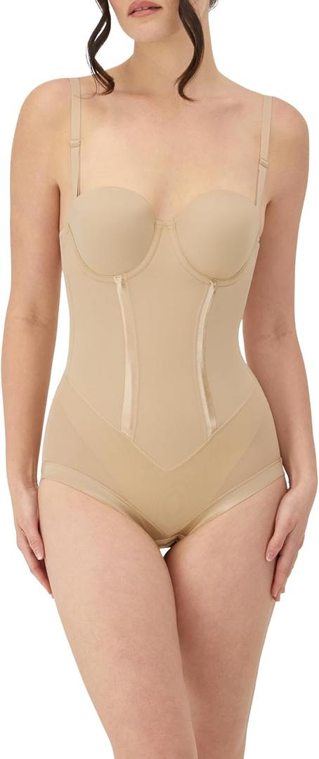 Maidenform Women's Shapewear Tummy Control Bodysuit, Built-In Bra Convertible to Strapless, Ultra Firm Shapewear Bodysuit (34B, Latte Lift)