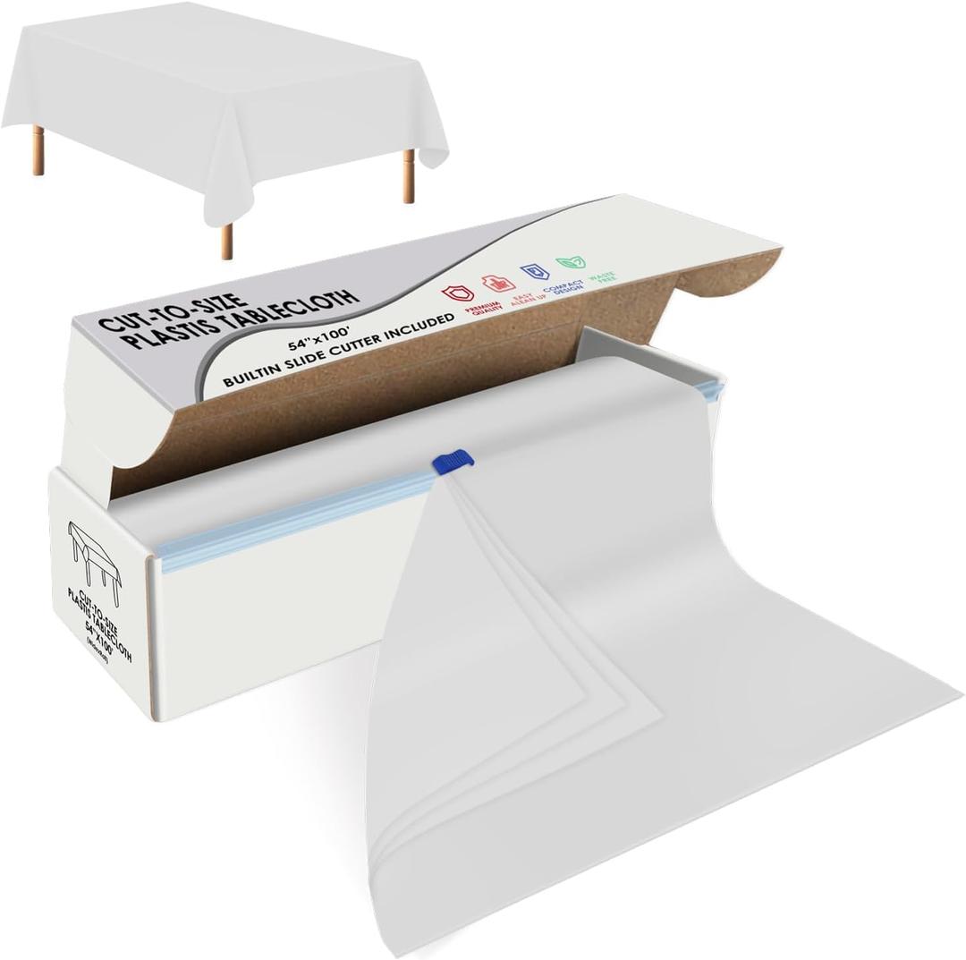 tujol White Disposable Plastic Table Cloth Roll 54" X 100', Plastic Table Cover with Cutter Box, Cut to Size Disposable Tablecloth for Parties