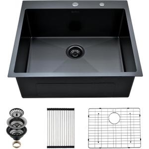 Drop In Kitchen Sink, 25 x 22 Inch Single Bowl Topmount Sink 16 Gauge T-304 Stainless Steel Gunmetal Black Kitchen Sinks, 25 x 22 x 10 Drop in