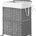 Chrislley 90L Slim Laundry Hamper with Wheels, Rolling Laundry Basket with Lid and Renovable Liner Bag, Handwoven Rattan Organizer for bedroom, bathroom, laundry room (Grey)