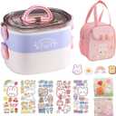 Kawaii Bento Box Bento Lunch Box with Lunch Bag, Tableware, Biscuit Bags, 2-Layer Stacked Leakproof Cute Lunch Box, for Travel, Office, Gym