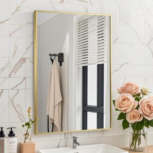 Brushed Gold Mirror, 24x36 Inch Aluminum Framed Square Corner Wall Mirror for Over Sink, Vanity, Horizontal/Vertical