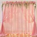 10ft x 7ft Baby Pink Chiffon Backdrop Curtain with Lights String for Parites Wedding Wrinkle Free Curtain Photo Backdrops Drapes for Baby Shower Birthday Party Home Decorations