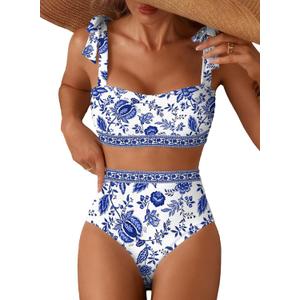Herseas Women's Tie Shoulder Bikini Sets 2 Piece High Waisted Swimsuits | Removable pads,tummy control bathing suits,adjustable strap,full coverage,beach vacation outfits,cruise essentials Medi