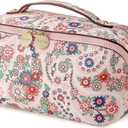 Aveniee Travel Makeup Bag for Women, Large Cosmetic Organizer with Open-Flat Design, Clear Divider & Handle - Waterproof PU Leather Toiletry Case (Floral Pattern)