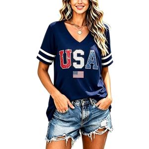 Decogiver Shirt Women V-Neck Short Sleeve Graphic Top (Blue)