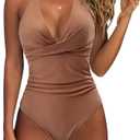 SUUKSESS Women Sexy One Piece Swimsuit Tummy Control Square Neck Bathing Suit Retro Backless Swimwear (Dark Brown,M)