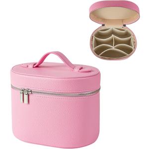 RSRSLEII Pink Aesthetic Makeup Bag, Travel Makeup Vanity Case with Divider and Handle, Waterproof PU Leather Cosmetic Organizer Bag, Portable Toiletry Bag for Women(02Pink)