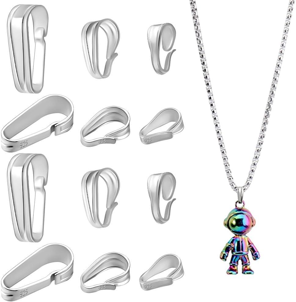 PH PandaHall 12pcs 925 Sterling Silver Pinch Bails, 3 Sizes Snap on Bails 6~12mm Snap Bail Hook Pinch Clip Necklace Connectors Pendant Clasps Charm Holder for Necklace Jewelry DIY Craft Making