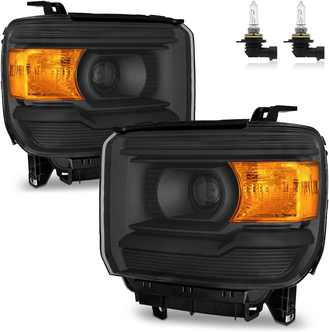 Headlights W/Bulbs for 2014-2018 GMC Sierra 1500/2015-2019 GMC Sierra 2500HD 3500HD Halogen Headlamp Replacement Driver & Passenger Side