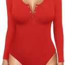 Popilush Long Sleeve Shapewear Bodysuit Tummy Control Henley Button Up Modal Scoop Neck Body Suit Tank Tops, XL/XXL