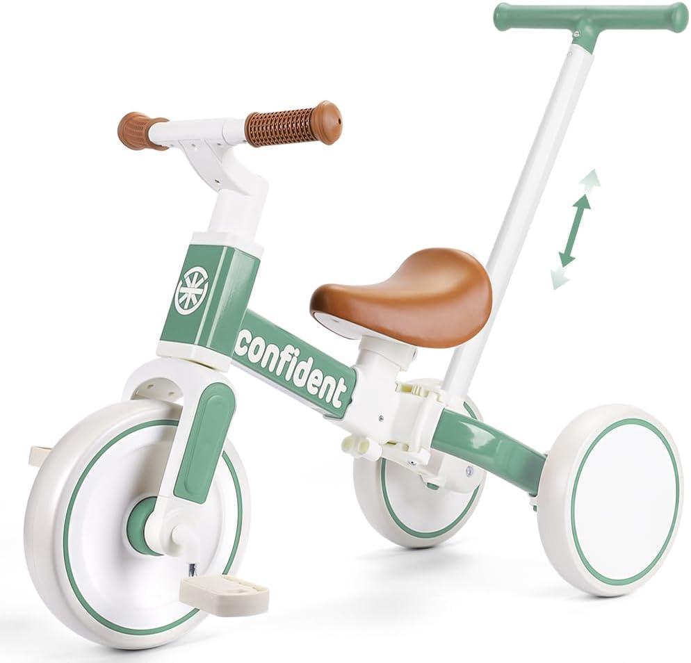 XIAPIA Tricycle for Toddlers 1-3 Year Olds, 5 in 1 Toddler Balance Bike with Removable Pedal, Push Trike Toys with Adjustable Pushrod for 2 3 4 5 Year Old Boys & Girls, Birthday Gifts for Kids (Green)