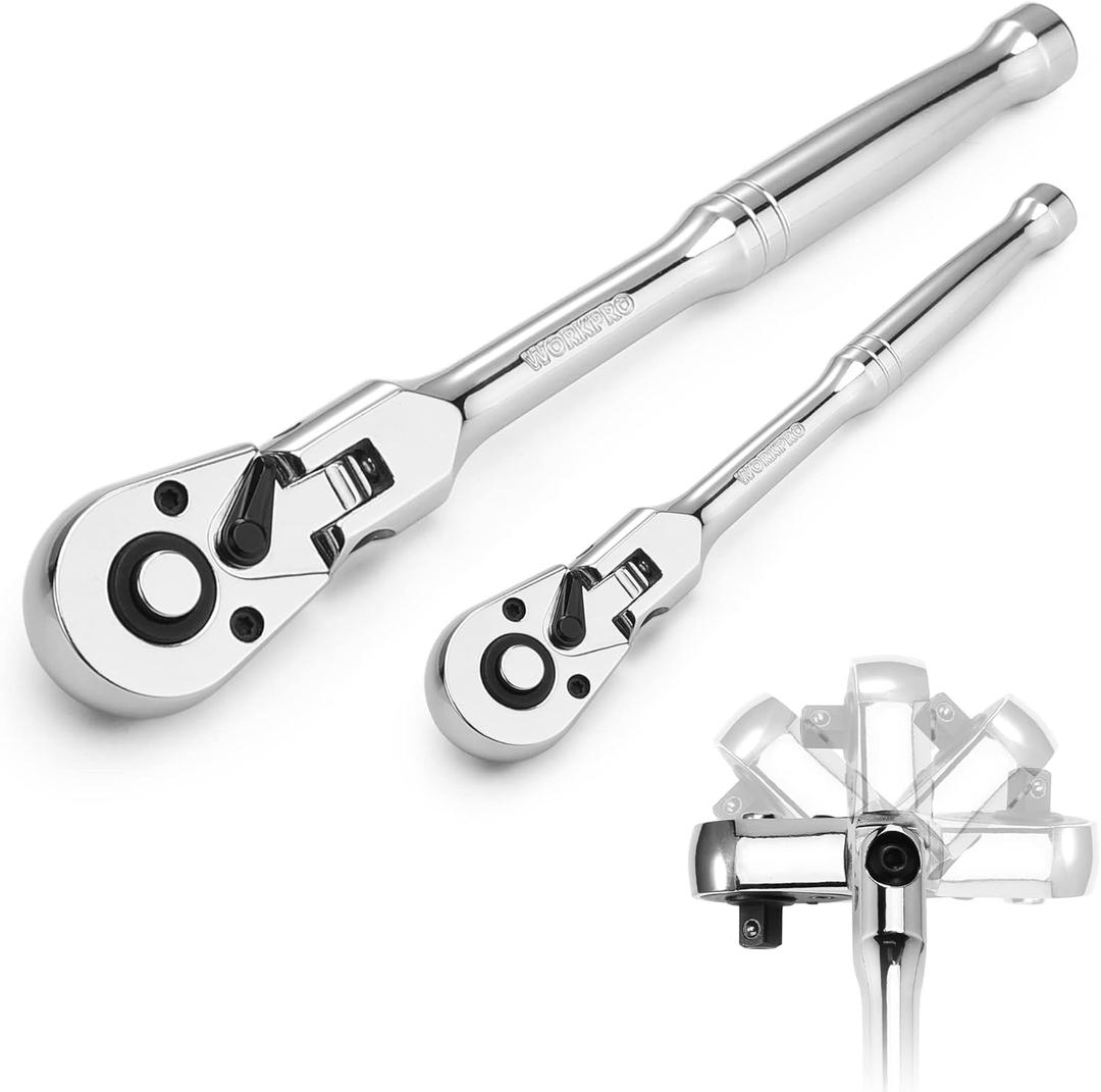 WORKPRO 2-Piece Flex Head Ratchet Set, 1/4", 3/8" Drive, 72-Tooth Ratchet with Chromium Plating Quick Release Reversible Design, 5 Degree Swing