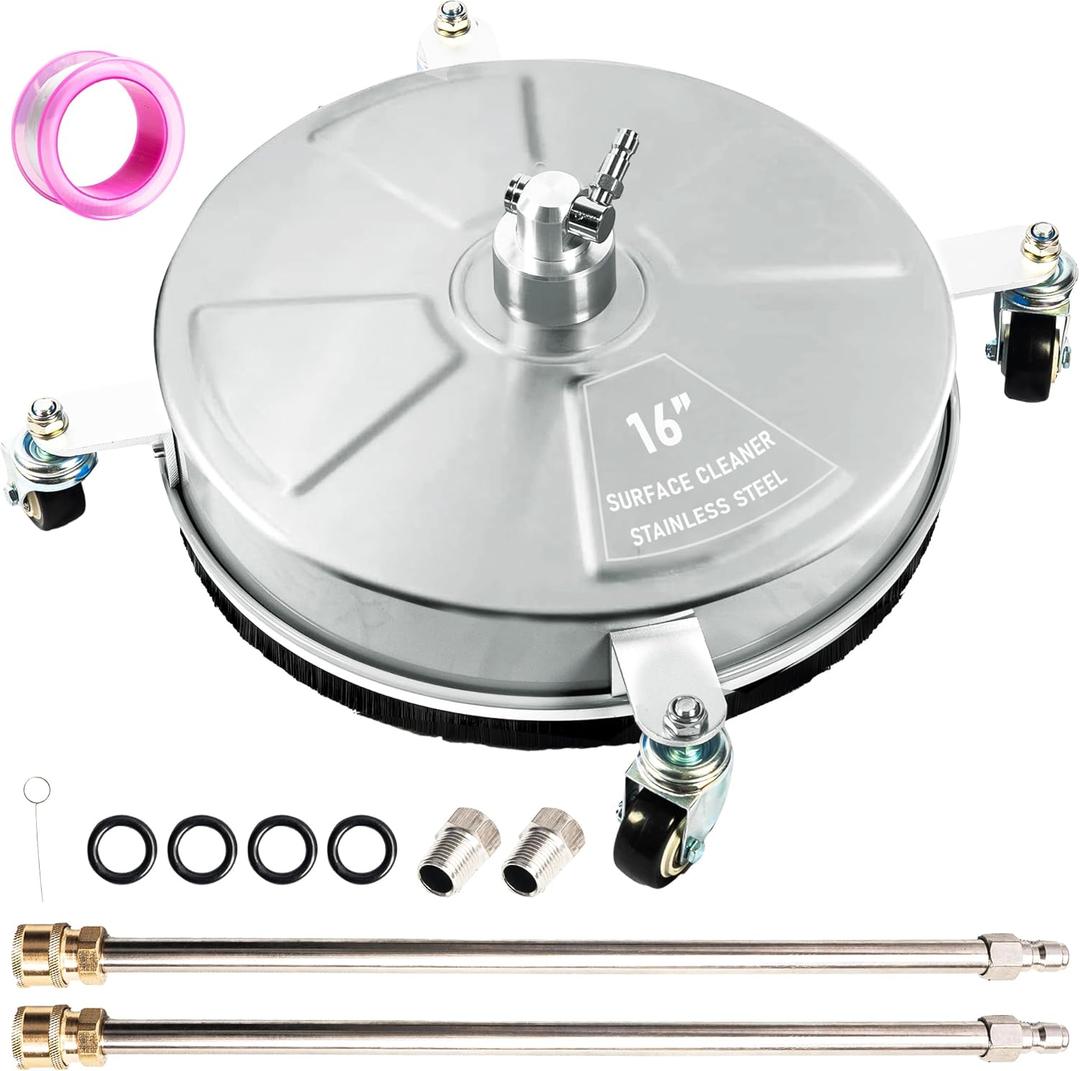 16" Pressure Washer Surface Cleaner with 4 Wheels, Stainless Steel Power Washer Surface Cleaner for Driveways Sidewalks Patios, 1/4" Quick Connector, 2 Extension Wand, 4000 PSI