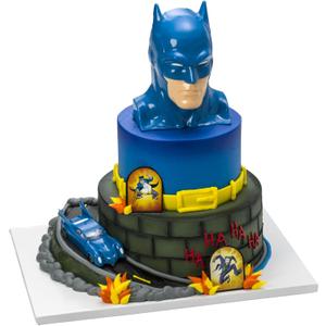 DecoSet Batman to the Rescue Cake Topper, 4 Piece Cake Decoration, Includes Batman Case With a Hidden Fold Out Batmobile Launcher, Free Wheeling Batmobile Car, and Joker and Penguin
