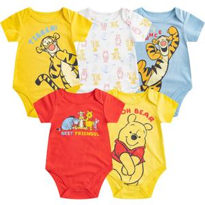 Disney Mickey Mouse, Lion King, and Winnie the Pooh Baby Boys 5 Pack Bodysuits for Newborn and Infants (3-6 Months)