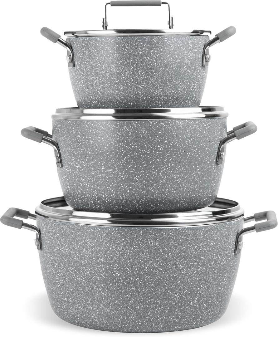 Granitestone Gray Pots and Pans Set Nonstick, 6 Stackable Piece Cooking Pots Set, Kitchen Pots, Non Stick Coating, 5qt 3qt & 1.5qt Pots with Lids, Stay Cool Handles Dishwasher Safe 100% Toxin Free