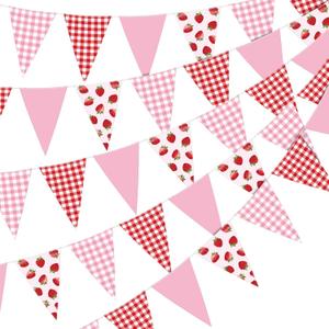 Jetec 5 Pieces 49 Feet Strawberry Pennant Banners Party Decorations Red Berry Plaid Checkered and Pink Triangle Flags Bunting Banners for Strawberry Baby Shower Party Decor Indoor Outdoor Supplies