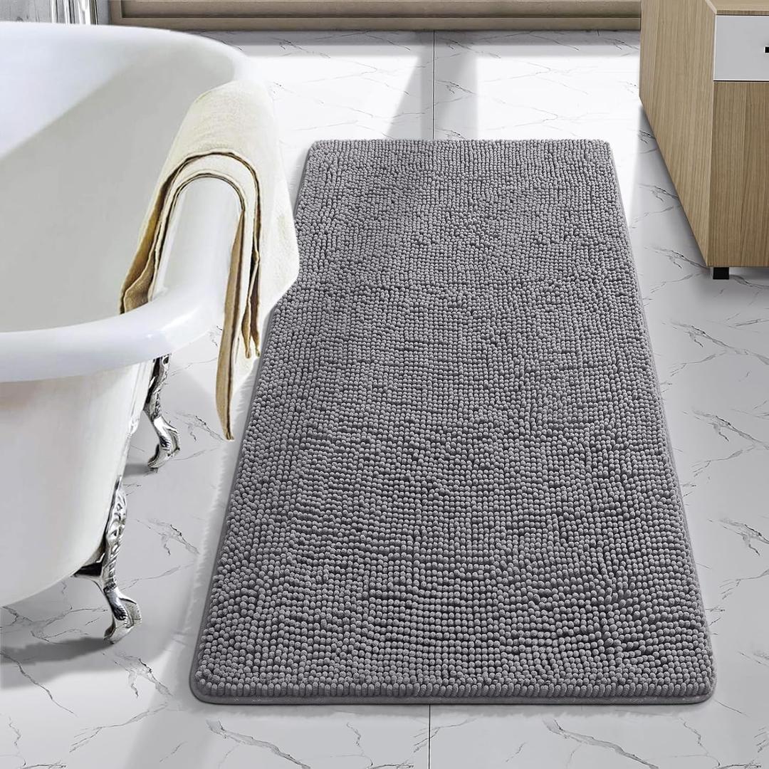 LOCHAS Luxury Bathroom Rug Shaggy Bath Mat 24 x 40 Inch, Washable Non Slip Bath Rugs for Bathroom Shower, Soft Plush Chenille Absorbent Carpets Mats, Gray (Grey)